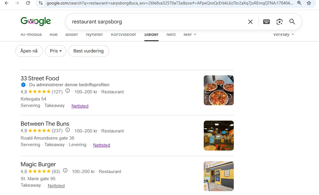 Google-søk «restaurant i Sarpsborg» der 33 Street Food er nr. 1