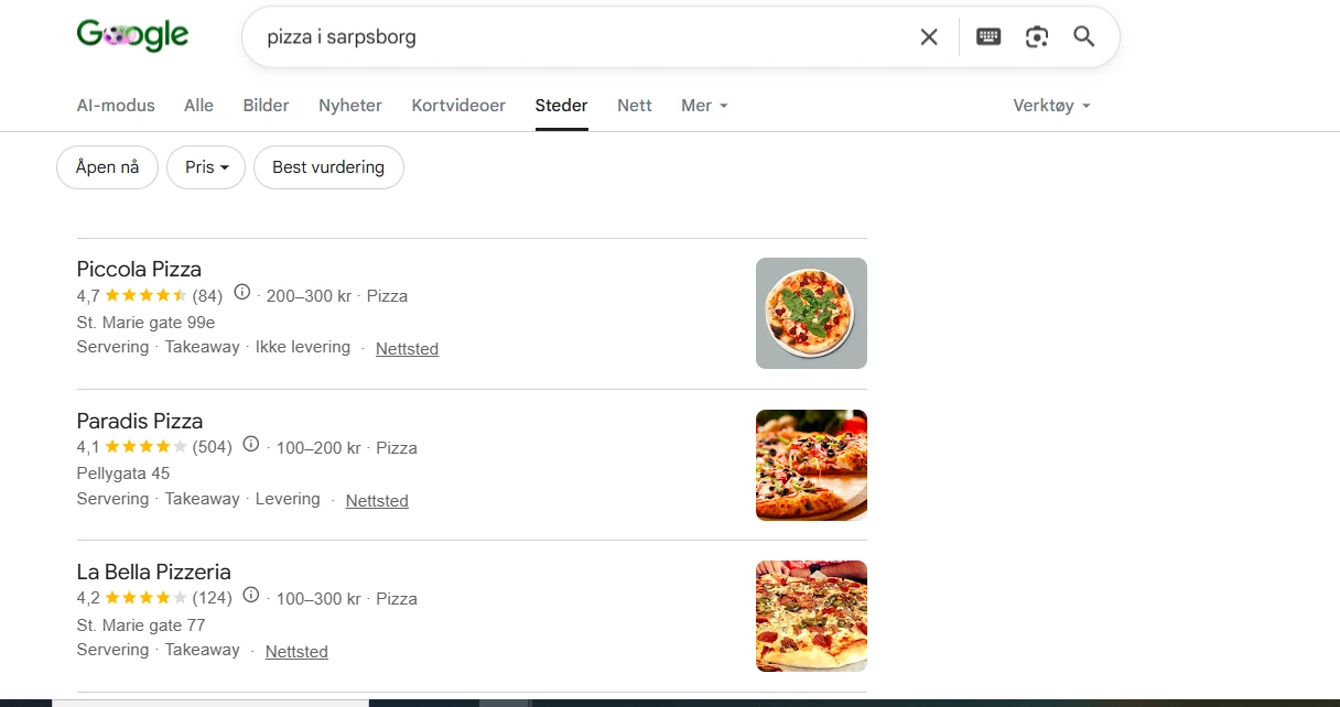 Google-søk «pizza i Sarpsborg» der Paradis Pizza er nr. 2